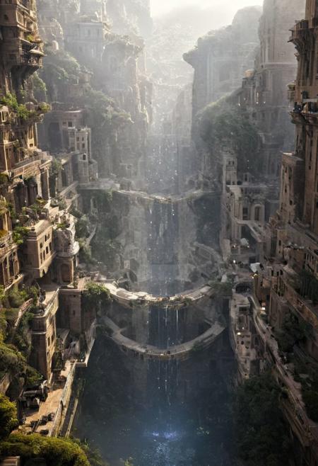 POV view , DOF,
(Ancient civilization, Alien Prometheus movie scene, dune movie scene:1.5), (The colonial city of the future, in the mist-filled Grand Canyon, on an unknown Earth-like planet, 2 moon on sky, Spaceship flight connects colonies, waterfulls:1.3), (Machu Picchu, a mountain settlement, incredibly spectacular:1.2), (Mario Botta:1.3), (avant-garde, future, reality, science fiction, photorealistic), (modern architecture:1.2), White limestone with black granite, fountain, waterfall, landmark, square, path, narrow street,
(Large Files, Ultra Realistic, 8K, 16k, FHD, HD, VFX, Perfect, Photography, composition, Architecture Sales Photography, Architecture Competition, Ultra High Resolution, Cinematography, High Resolution Image:1.1), (dramatic lighting, direct sunlight, ray tracing, clear shadow:1.2),  (real landscape:1.1), (blurred background:1.0), (urban background, more_details) ,
great lighting, clear, hillscastel, <stardeaf-cold-arc>, xtower, industrialbuilding