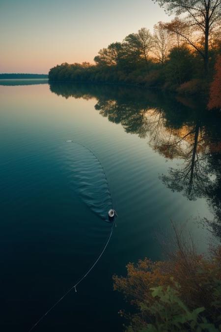 a lonely fisherman catches fish with a fishing rod on a lake, sitting in the middle in a rubber boat, dawn, sunrise, calm, mirror-like surface of water, cinematic photography, hyper realistic majestic Autumn lake scene, fishing by Ethereal liquid smoke, tonalist color scheme, organic formations, haze,