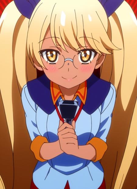 (masterpiece:1.3), (best quality:1.2),1girl,solo,yellow eyes,dark skin,blonde hair,long hair,glasses,twintails,hair ribbon,very long hair,smile,looking at viewer,