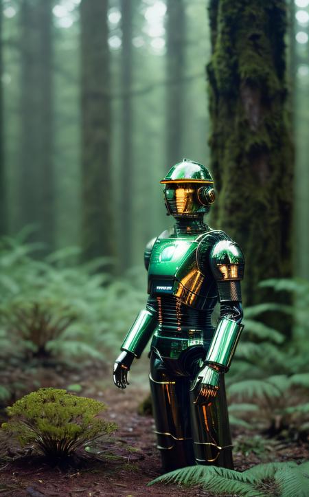 analog film photo (masterpiece:1.2), (A weathered android stumbles through a bioluminescent forest, their polished chrome plating reflecting the otherworldly glow of the flora, Emphasize the interplay of technology and nature, with moss growing over exposed wires and intricate circuitry peeking through broken armor, High contrast, vibrant colors, bokeh, soft focus:1.1), (art by Karel Thole:1.4), (hyperdetailed:1.1), (intricate details:1.0), (Refined details:1.1), (best quality:1.1), (high resolution:1.2) . faded film, desaturated, 35mm photo, grainy, vignette, vintage, Kodachrome, Lomography, stained, highly detailed, found footage