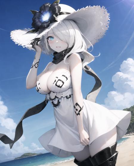 anime, (low angle:1.2), digital art, ssprincess, seaport summer princess, abyssal ship, shinkaisei-kan, 1girl, white skin, colored skin, very long hair, white hair, hair over one eye, cleavage, large breasts, sundress, sleeveless dress, sun hat, hat flower, black scarf, black gloves, armored boots, thigh boots, nice hands, beach, blue sky, horizon, mountainous horizon, ocean, scenery, sky, veranda, <lora:GoodHands-vanilla:1>