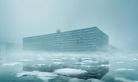 a building that is sitting on some ice in the water and some buildings in the background and a foggy sky, no humans, scenery, outdoors, snow, fog, building, sky, grey sky, tree, cloud<lora:MIRstyle-v10:1>