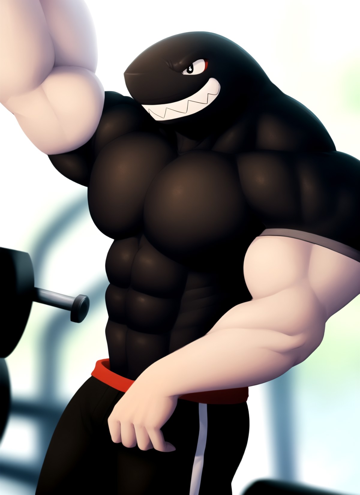bulletbill, 1boy, male anthro, portrait, solo, (best quality), black body, white arms, (blurry gym background:1.2), lookin...
