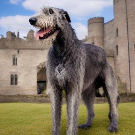 Photo of Irish_wolfhound, dog, in front of a medieval castle with a knight<lora:IWolf:1>