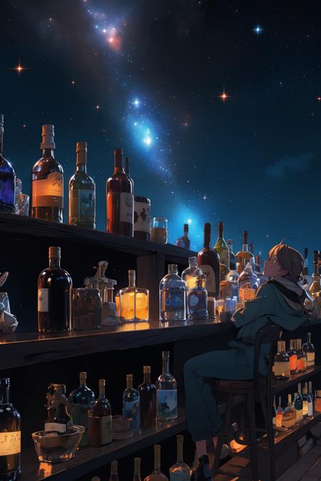 masterpiece, best quality, bottles,  fantasy, bar, cityscape, wide shot, city lights, night sky,  star \(sky\), <lora:sky_bar-000008:0.8>