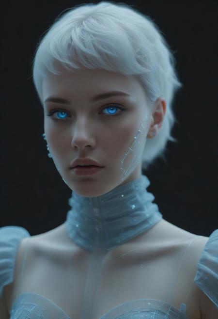 Cyberpunk  girl, wearing a blue dress, futuristic, pattern dress, high collar, corset bodice,elegant ruffles, subtle pearl accents, futuristic neon highlights, biomechanical implants, glowing cybernetic eyes, sleek metallic facial lines, translucent cs-cr1stal-v2 visor, cybernetic ear enhancements, soft silver-white hair, intricate circuit patterns on skin, luminous tattoos, atmospheric neon reflections, futuristic cityscape, concrete, soft ambient glow, cinematic lighting, ultra-detailed, 8K, hyper-realistic, ethereal cyber-Victorian fusion, cjdl