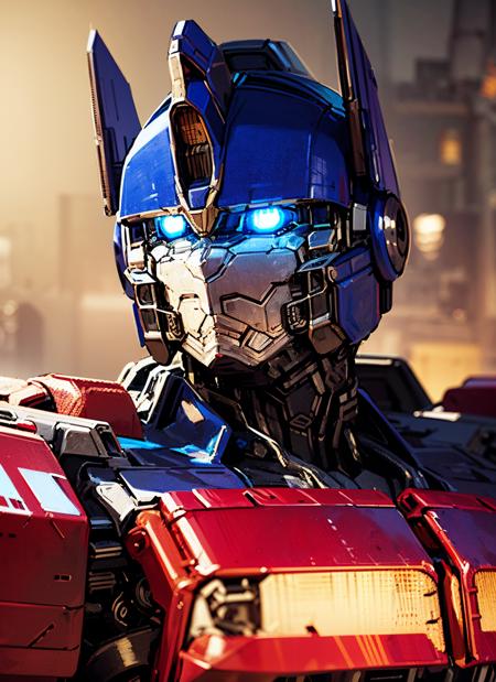 1boy, no humans, portrait of optms, glowing eyes, blue eyes, mecha, robot, volumetric lighting, best quality, masterpiece, hand painted textures, intricate details, realistic <lora:sxz-Optimus-Prime:0.8>