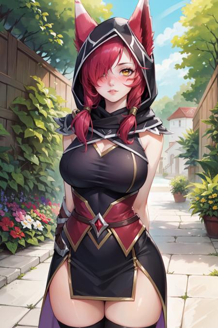 xayah, solo, long hair, animal ears, hood, hair over one eye, facial mark, thighhighs, large breasts, pink hair, hood up