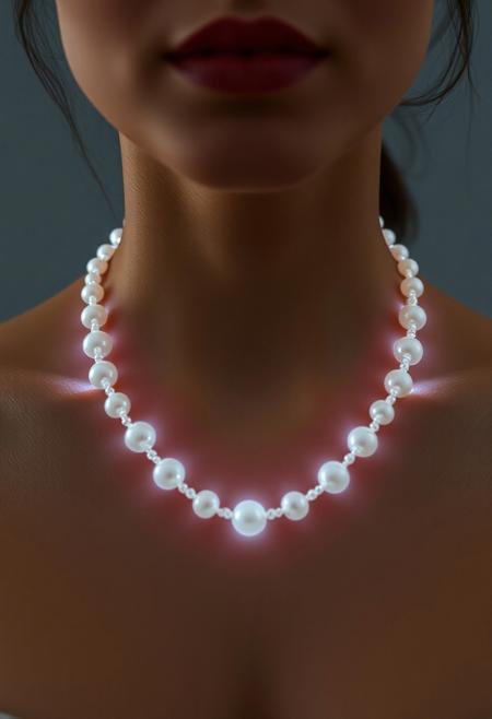subdermal LED pearl necklace, (internal LED glow:1.7) forming a pearl-like pattern beneath the skin, (embedded LEDs:1.7) mimicking iconic pearl necklace design, soft glow radiating from beneath the collarbone, (pearl-like LED glow:1.6), (classic pearl jewelry design:1.5), natural skin tone with light diffusion, high-definition, (elegant pearls beneath the skin:1.5), ultra-realistic skin textures, (smooth radiant light transitions:1.5), refined and timeless, perfect for both formal and casual settings, (worn jewelry:-1.8), (visible necklace:-1.8), (clunky design:-1.5), seamless subdermal integration, high-resolution, glowing subdermal pearl accents, minimal external appearance, modern tech-enhanced beauty