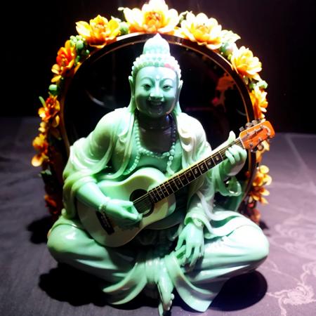 masterpiece, best quality,jadestatue,(statue:1.2),jade,Buddha,play guitar,guitar, smile,