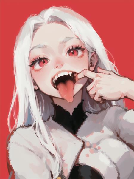 1girl, mouth pull, cute, looking at viewer, best quality, open mouth, red background, large breasts, white hair, long_hair, fangs, tongue out, tongue, teeth, finger in own mouth, <lora:mouth_pull-10:0.35> <lora:mouth_pull_v2:0.85>