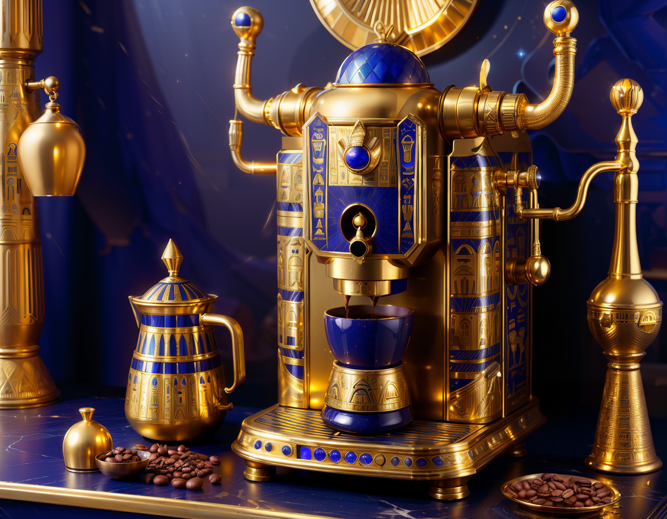 (egyptpunkai old:1.3) { stylized
coffee machine | combine harvester on field, harvesting crops | spaceship flying in space...