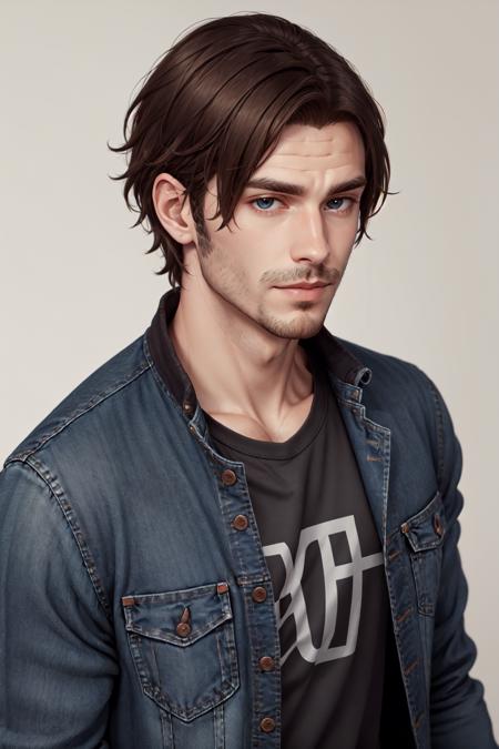 Michael Renne X'voor,  solo,  brown hair,  shirt,  1boy,  jacket,  upper body,  male focus,  facial hair,  denim,  stubble, <lora:EMS-45456-EMS:0.400000>