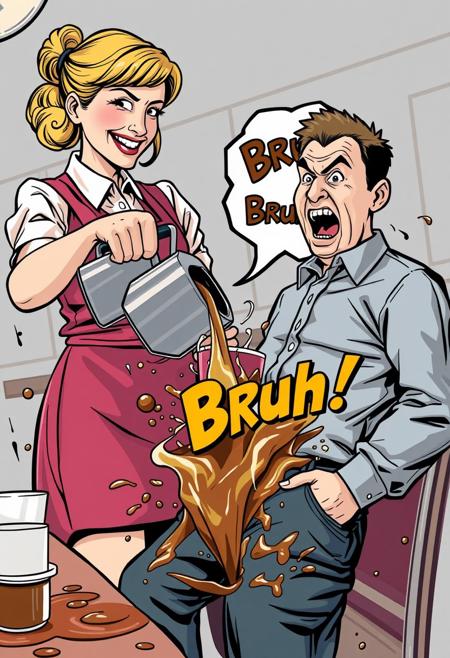 "Image of a waitress pouring a pot of coffee, but instead of aiming for the customer's cup, she's pouring it directly into their lap. The waitress is oblivious, looking away with a cheerful expression, while the customer's face is contorted in shock and disgust. A speech bubble made of steam rising from the customer's lap reads 'Bruh!' in bold, comedic letters. The scene is chaotic and humorous, with coffee splashing everywhere and the customer's clothes getting stained. Style: comedic, exaggerated, and playful, with a focus on capturing the absurdity and surprise of the situation." Absurdres Highest-Quality, 4k