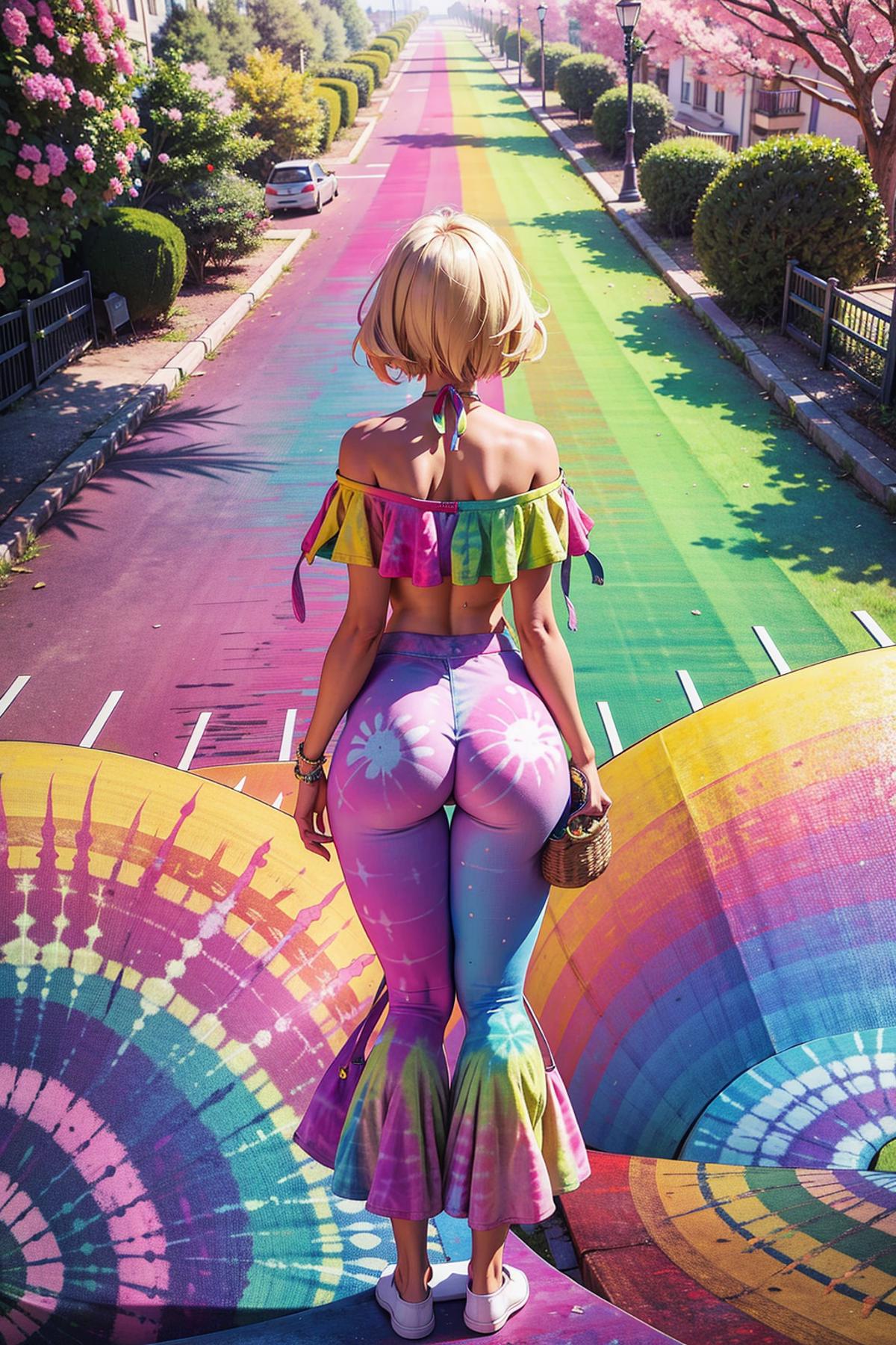 Woman in Colorful Clothing Posing on a Rainbow Road
