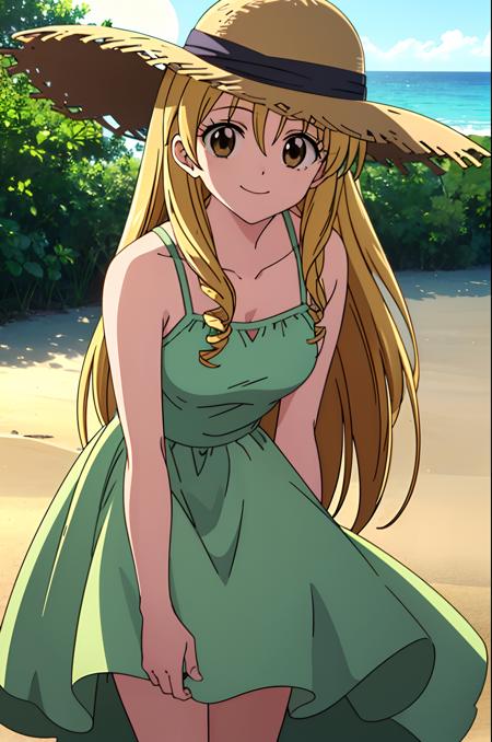 (exceptional, best aesthetic, new, newest, best quality, masterpiece, extremely detailed), 1girl, solo, mitsuki_fullmoon, smile, sundress, beach, leaning_forward, drill_hair, straw_hat