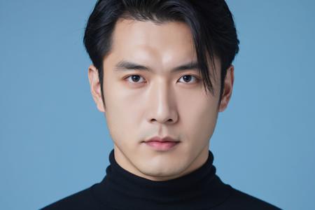 Asian man, close-up portrait, direct gaze, dark hair, black turtleneck, shadow on face, neutral expression, studio lighting, blue background, high-resolution image, minimalistic, young adult, clean-shaven, headshot, symmetrical composition, serious mood, professional photography, dark color palette