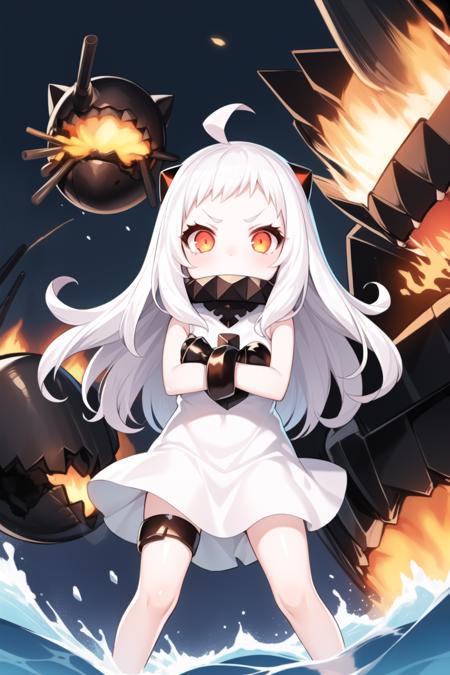 1girl,<lora:Hoppo:1>, hoppo, white dress, mittens, ahoge, sea, night, abyssal ship, explosion in background, covered mouth, crossed arms, v-shaped eyebrows,