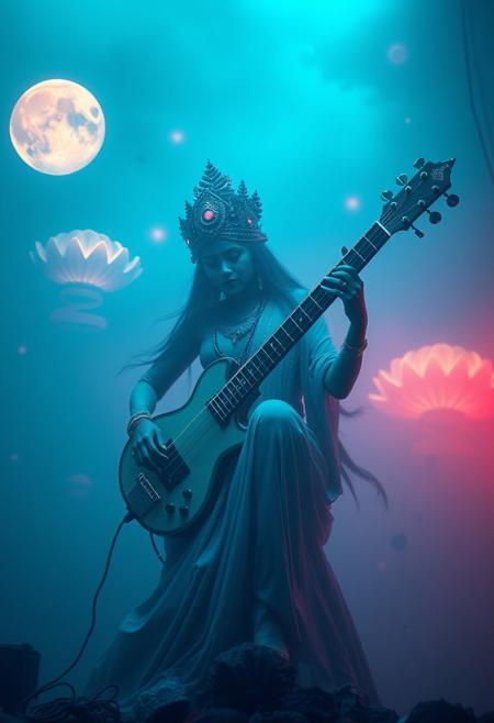 "Lotus Saraswati , octocore, fusepunk, petrol colored, tuba, illusion,  limitless, pale, chaotic, ultra detailed, cinematic  "