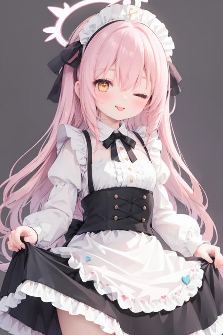 1girl, solo, pink hair, long hair, one eye closed, halo, dress, maid, hoshino (blue archive), tongue out, white background, maid headdress, heart, tongue, simple background, lifted by self, long sleeves, apron, clothes lift, black dress, looking at viewer, very long hair, blush, frills, dress lift, bangs, white apron, puffy sleeves, yellow eyes, juliet sleeves, orange eyes, enmaided, hair between eyes, ;p, frilled dress, alternate costume