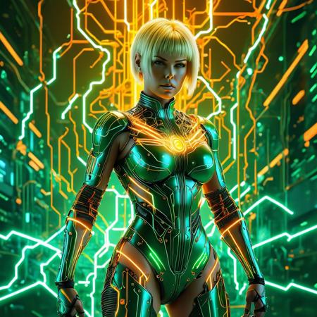 sybil_danning as a muscular thuggish curvy chubby futuristic biocomputer, age-40, blond aeon_flux haircut, bodysuit covered in iccircuitart wires, standing on a pedestal, struck by (orange lightning bolts), in a cyberpunk lab, yellow and light green theme
(realistic photograph, 8k resolution, tilt-shift lens:0.9)