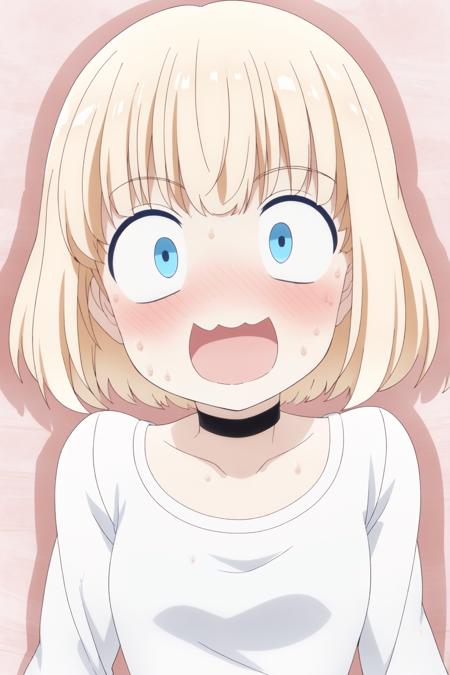 mia, 1girl, solo,bangs, blue eyes, blonde hair, looking at viewer, smile, short hair, (shaded face), dark background, evil smile, scared, sweating profusely, turn pale open mouth,  wide-eyed, constricted pupils, scared, sweating profusely, turn pale, wavy mouth, blush,