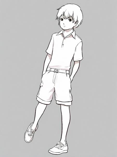 1boy, aogami, lineart, monochrome,full body,shirt,shorts, <lora:aogami_v12:1>