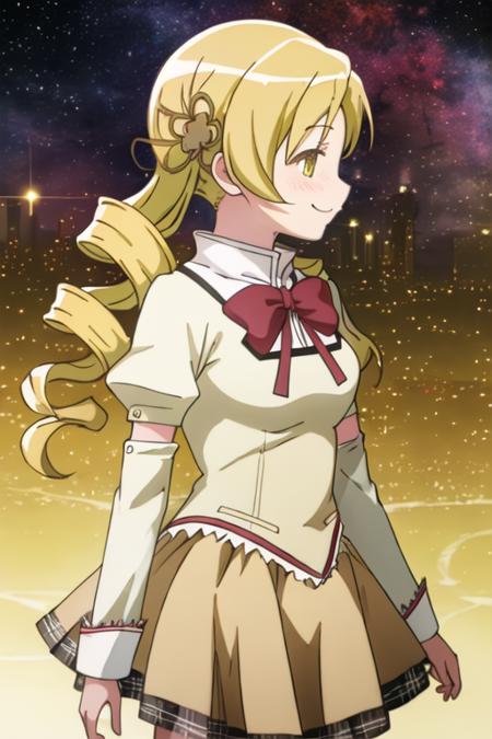 best quality, masterpiece, highres, solo, {tomoe_mami_puellamagimadokamagica:1.15}, blonde_hair, drill_hair, twin_drills, twintails, hair_ornament, yellow_eyes, magical_girl, 1girl, mitakihara_school_uniform, school_uniform, profile, smile