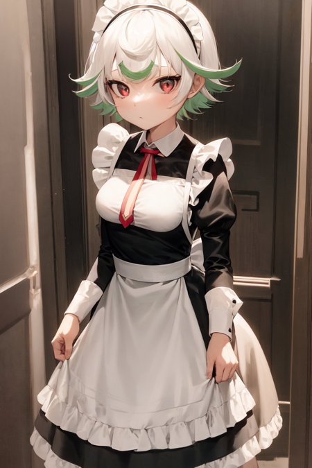 1girl, prushka, short hair, multicolored hair, medium breasts, maid, apron, maid headband, black dress, long sleeves, standing, looking at viewer, :\< <lora:char-prushka:1>