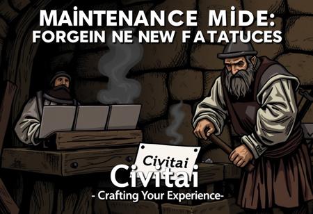 "A medieval blacksmith with servers on the anvil, hammering away with a ‘Maintenance Mode: Forging New Features’ sign. Text: ‘Civitai: Crafting Your Experience’."