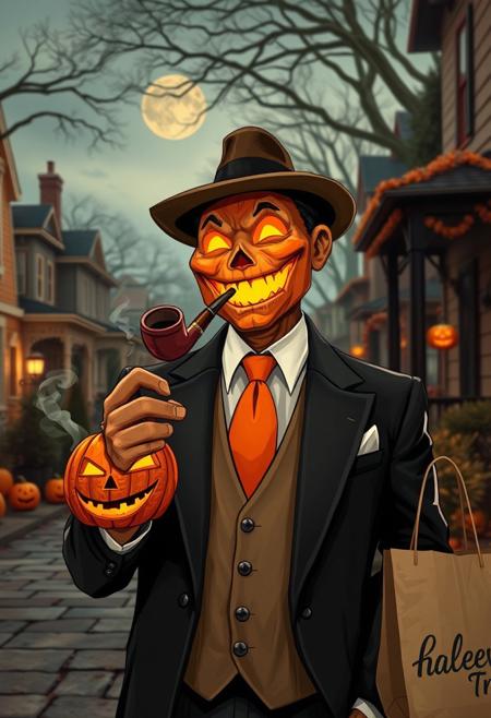 Halloween time, common streets, beautiful houses, jackolantern happy, gentle smile, elegant suit, orange tie, smoking a pipe, a small jackolantern with a captain america costume, trick or treat, a paper bag with the text "halloween" handwrite