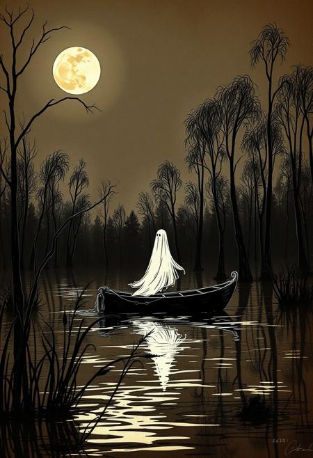 linquivera,  Ink illustration, (anime:0.5), brown tones, aged black red paper, inkpunk, moonlight,surreal, a ghost standing on a boat in swampy wetlands, (at a distance), Will-o'-the-wisp, moonlit, lonely, solitude, windy, tall trees, willows, willowy,  OverallDetail, extremely detailed, UHD,(long exposure , dystopian but extremely beautiful:1.4),