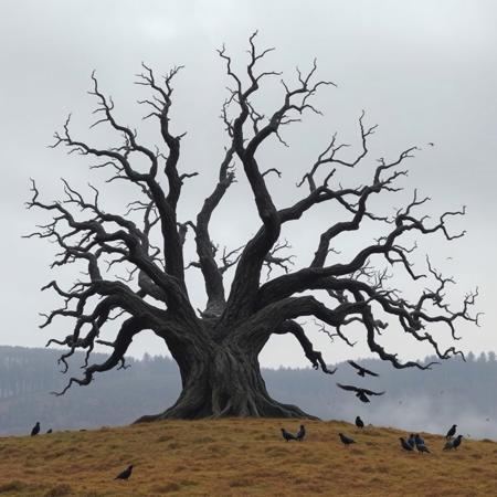 a massive dead oak tree in the middle of a hill, unique shape, crows in the background