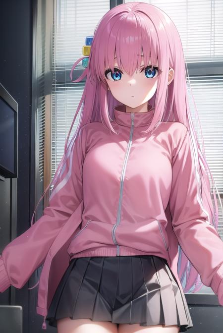 hitorigotou, <lora:hitorigotou-lora-nochekaiser:1>, 
hitori gotou, blue eyes, cube hair ornament, hair between eyes, hair ornament, pink hair, one side up, long hair,
BREAK black skirt, jacket, long sleeves, pants, pants under skirt, (pink jacket:1.5), pink pants, pleated skirt, skirt, track jacket, track pants, track suit,
BREAK indoors, classroom,
BREAK looking at viewer, (cowboy shot:1.5),
BREAK <lyco:GoodHands-beta2:1>, (masterpiece:1.2), best quality, high resolution, unity 8k wallpaper, (illustration:0.8), (beautiful detailed eyes:1.6), extremely detailed face, perfect lighting, extremely detailed CG, (perfect hands, perfect anatomy),