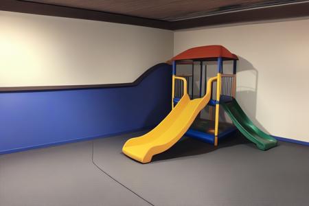 liminal space, no humans, chair, still life, a playground with a slide and a slide at night