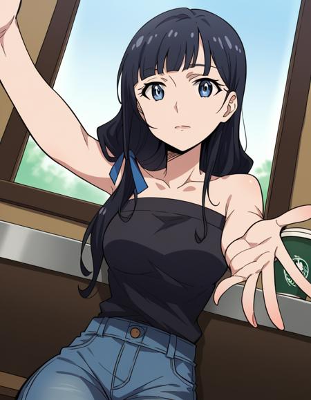 mari kurokawa, long hair, bangs, blue eyes, black hair, ribbon, hair ribbon, blue ribbon, hair over shoulder, medium breasts, shirt, bare shoulders, collarbone, black shirt, strapless, pants, denim, uniform, military, military uniform, helmet, sleeves rolled up, headset,