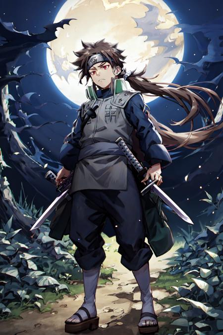 Indra, masterpiece, best quality, 1boy, brown hair, long ponytail, red eyes, short eyebrows, frown, <lora:attire_narutovest:1> joninvest, forehead protector, night, jungle, looking away, full body, sheathed sword <lora:Indra_Ôtsutsuki__Character_LoRA_Naruto:1>