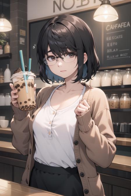 <lora:shirosaki-000034:1> shirosakisaori, glasses, cardigan, white shirt, scoop neck, black skirt, long skirt,
1girl, solo, cafe, bubble tea, lively atmosphere