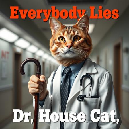 Create an image titled 'Everybody Lies' house fonttype, featuring Dr. Gregory House from House, M.D. reimagined with a cat body. His signature cane. on a hospital. At the bottom of the image, include the title 'Dr. House Cat' in a house fonttype
