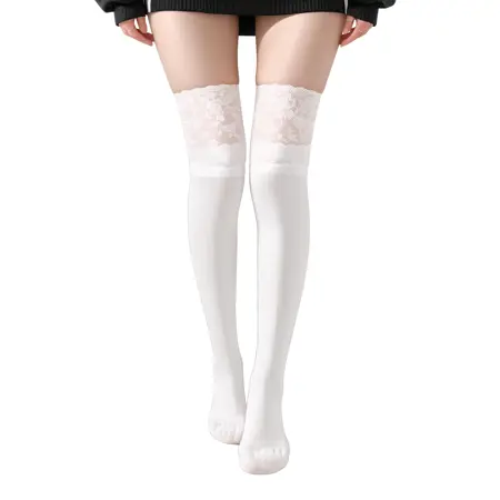 Lace-Trimmed Vertical Rib Thighhighs