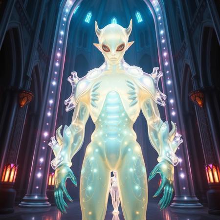 Masterpiece 5 protozoa/humanoid, bioluminescence translucent  body, with no ears and no nose, 32k, 16k, 8k, masterpiece, cinematic art, Kaiju bioluminescence translucent armor, standing inside a bioluminescence translucent cathedral,