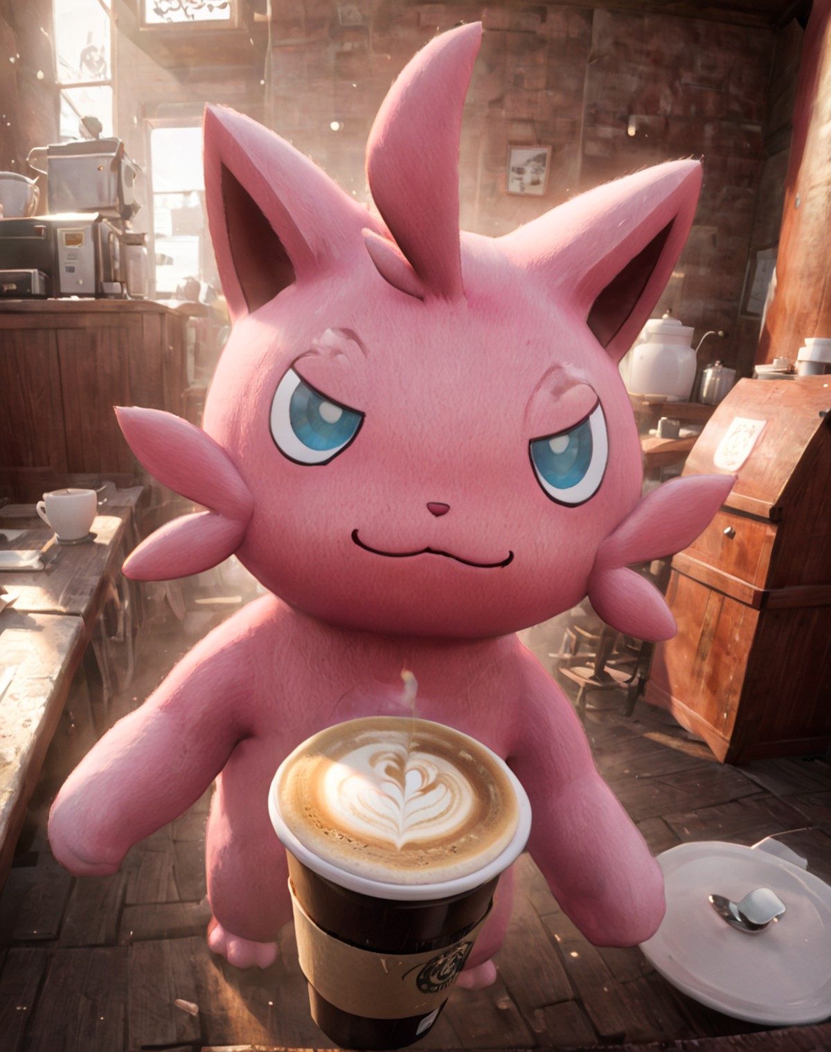 a pink palworld-cat, holding coffee, fisheye