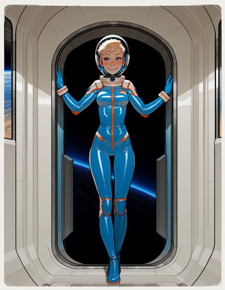 IllustriousQual, detailed face,
tall woman, solo, very short blonde hair, pixie cut, small breasts, long legs, mischievous smile,
wearing a spacesuit and helmet, 
on a space station, posing in an airlock, view of blue planet out of window,
<lora:incaseIllustrious:0.8> incase style,