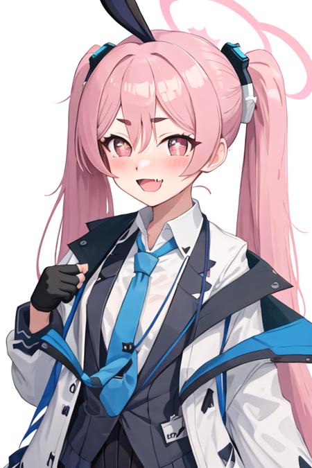 best quality, masterpiece, highres, solo, {koyuki_bluearchive:1.15}, pink_hair, long_hair, halo, twintails, open_mouth, hair_between_eyes, bangs, pink_eyes, necktie, fang, blue_necktie, smile, blush, skin_fang, very_long_hair