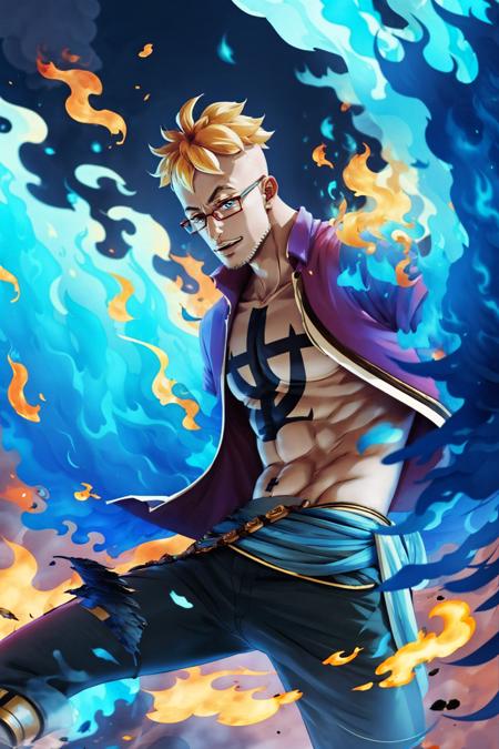 <lora:One_Piece_Marco_All_form-10:0.9>, marco_hybrid, 1boy, wings, fire, monster boy, short blonde hair, glasses