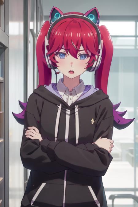 best quality, masterpiece, highres, solo, {irving_amelia_renaiflops:1.15}, red_hair, long_hair, twintails, blue_eyes, bangs, headphones, fake_animal_ears, animal_ear_headphones, animal_ears, cat_ear_headphones, hoodie, 1girl, hood, purple_hoodie, open_mouth, hood_down, indoors, upper_body, hair_between_eyes