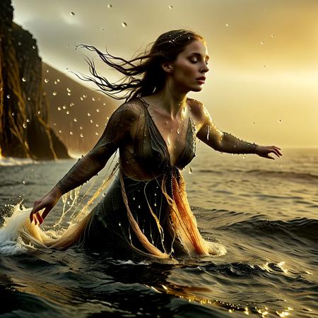 An ultra-detailed, cinematic image of a selkie mid-transformation, caught in motion as she leaps from the ocean towards a rocky, mist-covered Scottish shore at twilight. Her form is a harmonious blend of seal and woman: a stunningly beautiful woman's face, strong webbed flippers becoming human arms, soft seal skin fading into human skin with subtle textures. Her face remains mysterious and animal-like, eyes deep and ancient. No nudity — she is wrapped in strands of seaweed and kelp, as if the ocean still clings to her. Her powerful leap sends water droplets into the golden-pink air, trailing behind her. The atmosphere is magical and emotional — steep cliffs, crashing waves, and low mist evoke Celtic folklore and forgotten realms.
