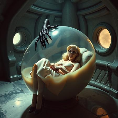 Terrified blonde secretary, clad in a  1950s long delicate silk slip, her glasses askew,  hands tied to headboard,   laying encased in transparent slime filled  jelly egg under lush canopy, reflecting the faint glow of the weird alien lord laboratory. Glossy fluffy  high heels a stark contrast to her distress, as a towering, human-like alien in a glossy black slime baroque  robe looms over her, its long fingers caressing the egg surface.The walls appear to be alive, covered in a pulsing, iridescent slime, while giant observation portholes gaze in like empty eyes, as if the very darkness of space itself is watching this horrific scene unfold. Inspired by the dark, industrial sci-fi of H.R. Giger, the eerie, atmospheric lighting of Zdzisław Beksiński, and the surreal, biomechanical nightmares of Francis Bacon.