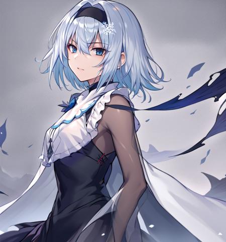 masterpiece, best quality,  <lora:sora_ginko:0.6>, silver hair, breasts, 1girl, solo, snowflake hair ornament,  <lora:huanxiang_heitu:0.5>, huanxiang_heitu, sora_ginko, bangs, black_hairband, silver hair, see-through, arms at side,solo, 1girl