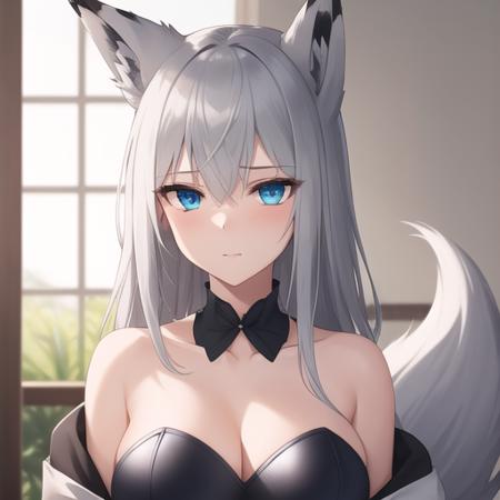 (masterpiece, best quality:1.2),illustration,8k,hd,1girls,solo,animal_ears,fox_ears,long_hair,blue_eyes,bangs,grey_hair,hair_between_eyes,white_hair,tail,breasts,<lora:kawakaze:1>,